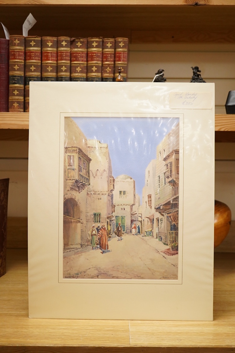 Edwin Earp (1851-1945), Mountainous riverscape with angler, signed, watercolour heightened with white, 23 x 38cm